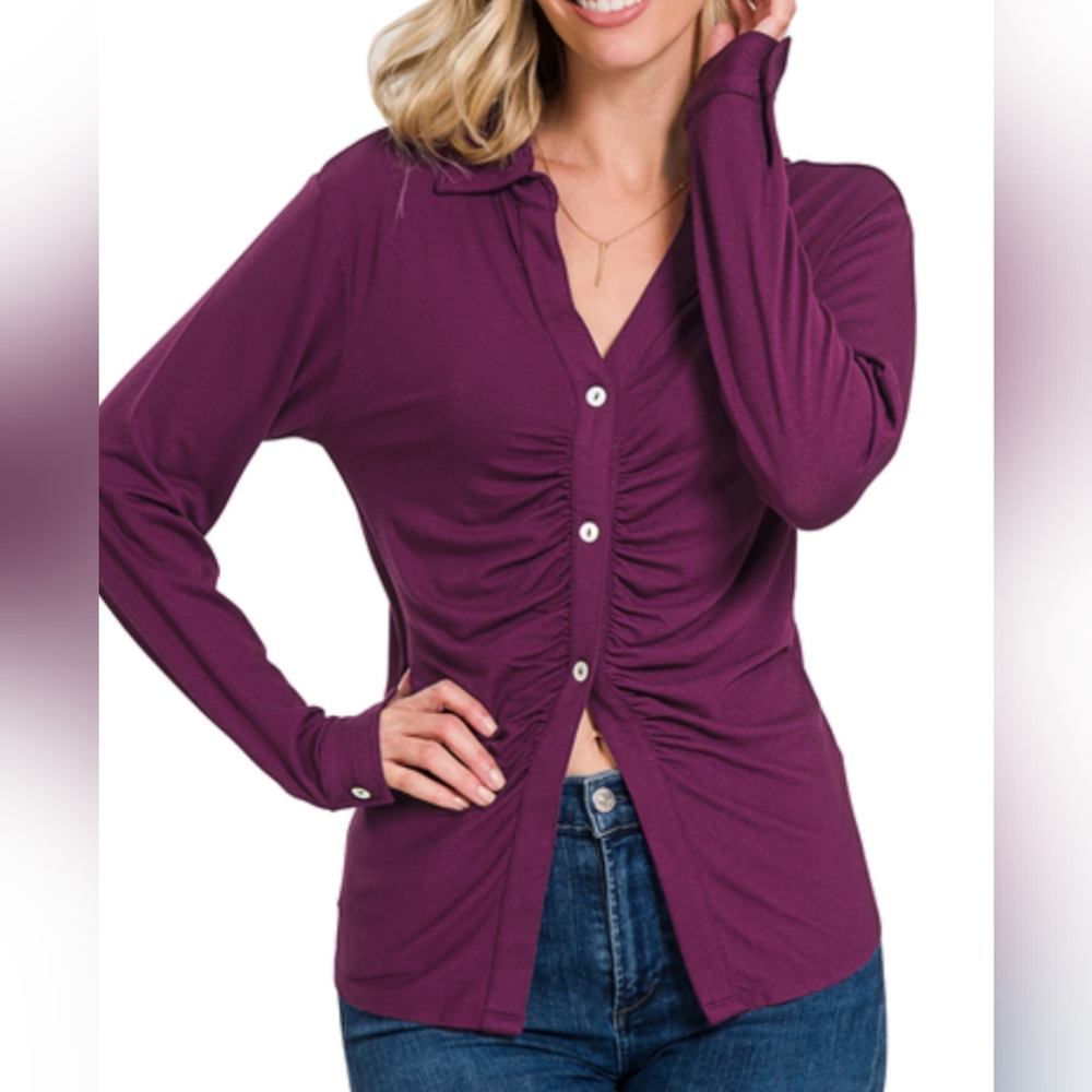 Zenana stretchy button down shirt